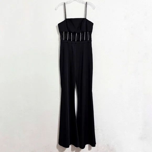 NWT Ieena‎ for Mac Duggal x Anthropologie Cutout Crystal Wide-Leg Jumpsuit Black